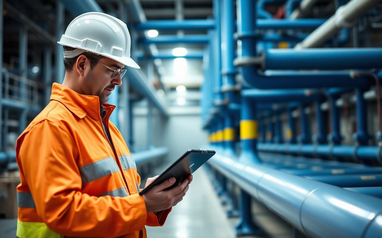 Engineer inspecting industrial pipes